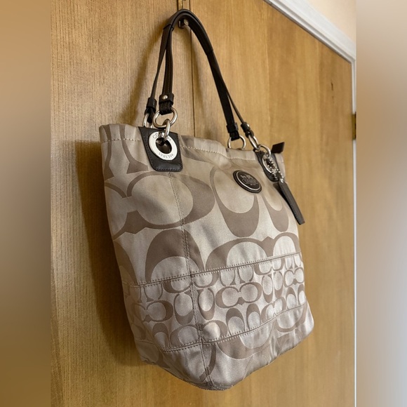 Coach Handbags - Coach Signature Stripe Khaki Satin Tote Bag Brown Leather Trim Style 14449